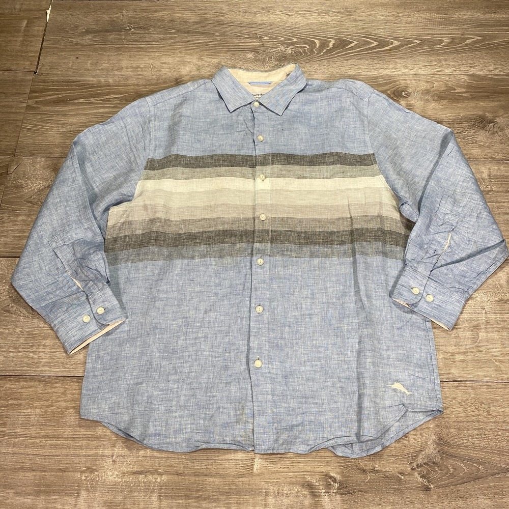 Tommy Bahama Shirt Mens Large Blue 100% Linen Button‎ Up Striped Long Sleeve